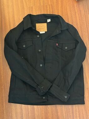 Levi's Black Denim Trucker Jacket with Tan Leather Patch